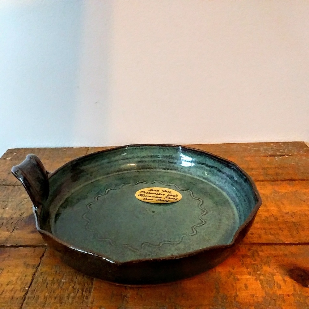 NWT Signed Glazed Clay Dish with Handle